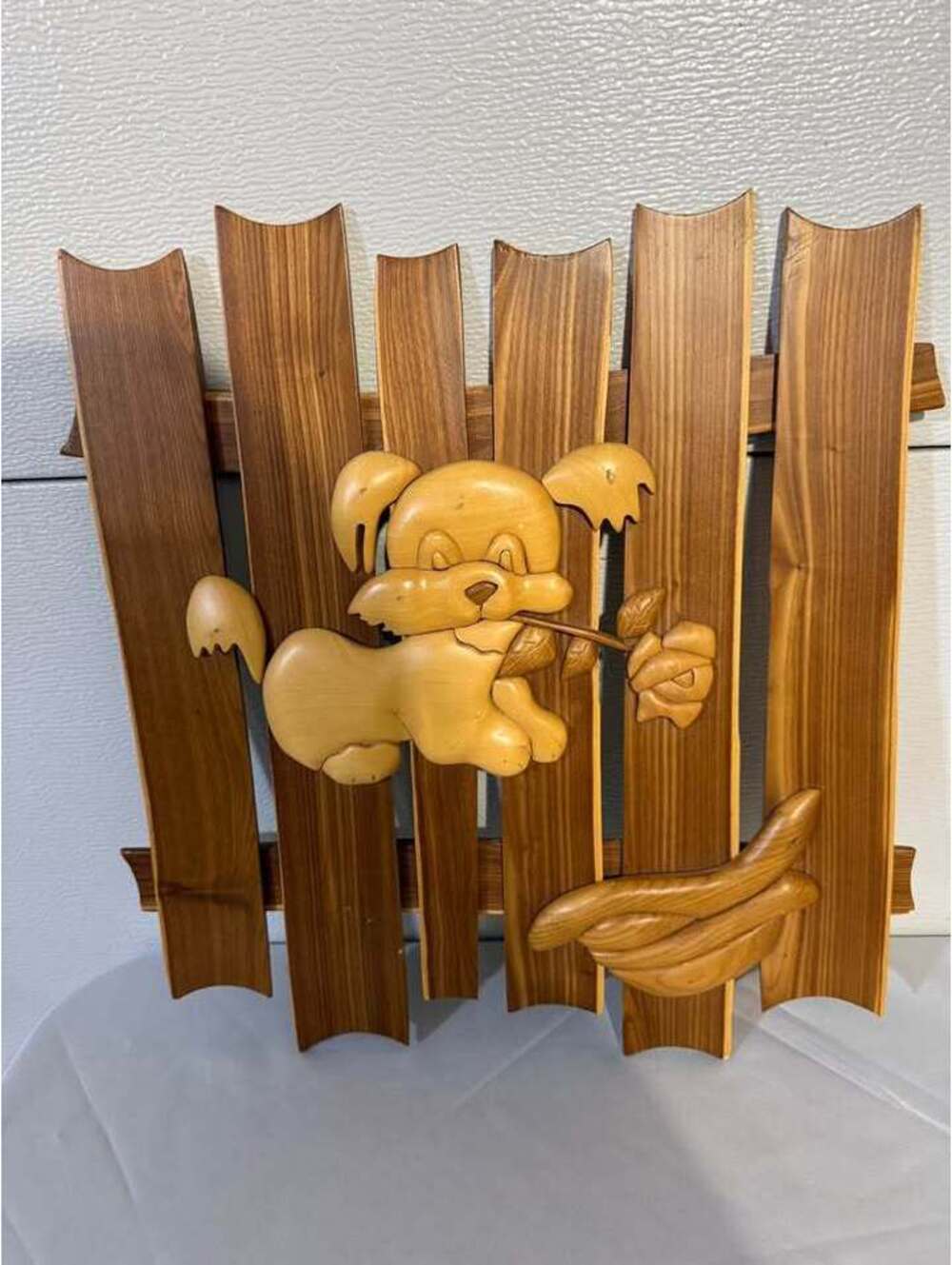 Vintage Intarsia Wood Art Dog with Rose Wall Hanging